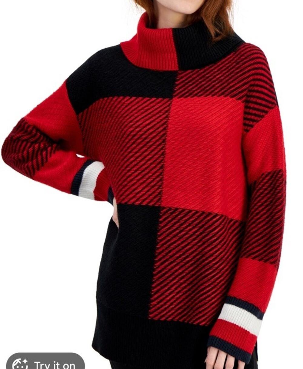 NWT Tommy Hilfiger Colorblock Women’s M Turtleneck Tunic Sweater Red Black